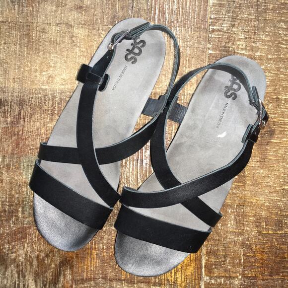 SAS San Antonio Shoes Nouveau Leather Cross Strap Heel Sandal  Black Womens 8 M - Picture 9 of 10